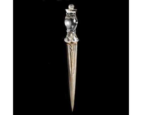 An Indian dagger with rock crystal hilt. 20th century, straight robust 19cm wootz blade cut with a pair of fullers and with g