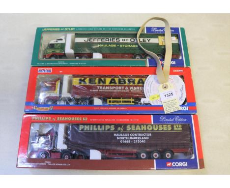 3 Corgi articulated trucks. Foden Alpha Curtainside, Ken Abram Ltd CC13907. MAN F2000 Curtainside, Phillips (Seahouses) Ltd, 