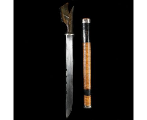 A Buginese sword alamang from Sulawesi (Java) c.1900. Broad SE blade 50.5cms (cleaned bright with edge nicks), horn hilt form