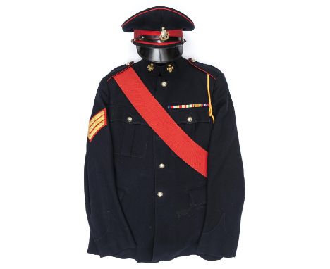 The No 1 Dress Blue uniform of Sergt Charles Stadden, Royal Sussex Regt TA comprising: peaked cap, with scarlet piping and he