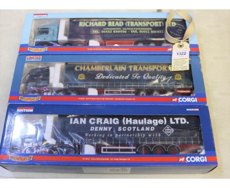 3 Corgi articulated trucks. ERF ECT Olympic Curtainside, Richard Read Transport Ltd, CC13408. DAF XF Super Space Cab Curtains