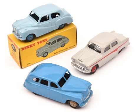 3 Dinky Toys Austin Somerset Saloon (40j). Example in light blue with mid blue wheels. Boxed, minor creasing. Plus a Standard