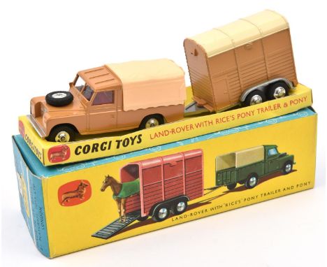 Corgi Toys Gift Set No.2 Land Rover with Rice's Pony Trailer and Pony. A send type with the series 2 Land Rover, in light bro