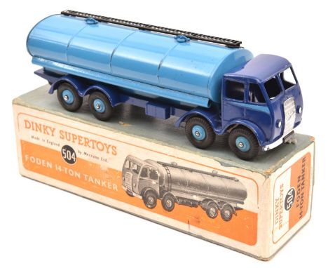 Dinky Supertoys Foden tanker (504). DG type Foden with dark blue cab and chassis, and light blue tank, wheels and cab-side fl