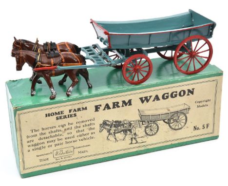 A Britains Home Farm Series Farm Waggon (No.5F). A lead 4-wheel wagon in light blue with red wheels and lining, plus 2x horse
