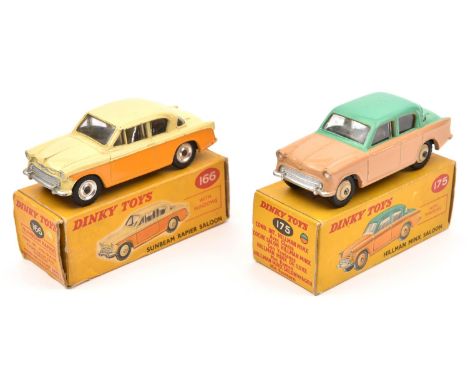 2 Dinky Toys. Sunbeam Rapier Saloon (166) in cream and deep yellow, with spun wheels. Plus a Hillman Minx Saloon (175), in li