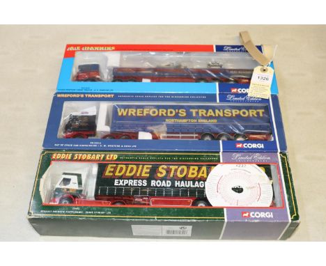 3 Corgi articulated trucks. Scania Dropside Crane Trailer A.E. Hawkins Ltd CC12223. DAF XF Space Cab Curtainside S.W. Wreford