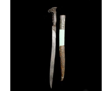 A Turkish sword yataghan. c.1800, blade inlaid with extensive silver inscriptions mostly comprising poetry and including 4 in