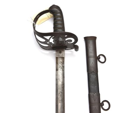 A Vic Rifle Regt officer's sword,  slightly curved fullered blade 32½", etched in plain foliate panels, with crowned VR cyphe