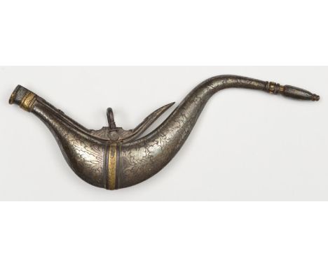 An Indo-Persian iron powder flask of bird shape.19th century, overall 26cms, silver damascened with flowering foliage and nar