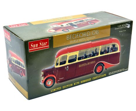 Sun Star 1:24 Bedford OB Coach. A 1947 Duple Vista HAA 558 Hants &amp; Sussex Motor Service Ltd example in maroon, red and cr
