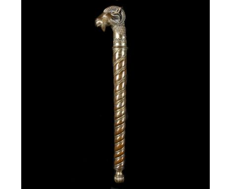 An Indian mace chob. 55cms, made from copper retaining some silver plated finish, embossed with a ram's head, spiral fluted h