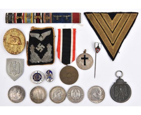 Third Reich medals and insignia: Eastern front medal (no ribbon); War Merit medal with ribbon; gold wound badge, solid back w