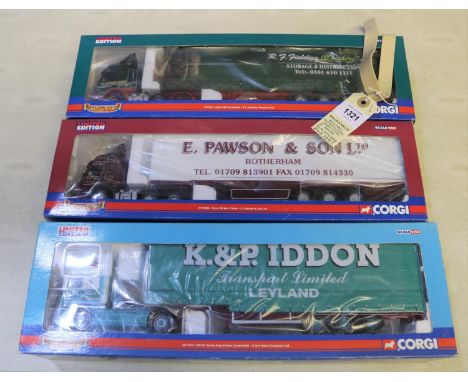 3 Corgi articulated trucks. ERF EC Series Step Frame Curtainside, K&amp;P Iddon Transport Ltd CC11912. Plus 2x Volvo FM- Box 