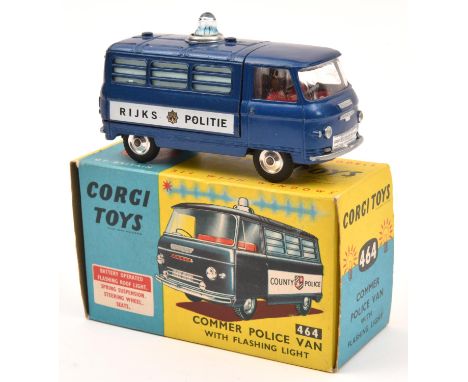 Corgi Commer Police Van with Flashing Light (464). A rare export example in metallic dark blue Dutch 'RIJKS POLITIE' livery. 