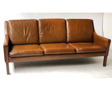 SOFA, 1970 Danish teak three seater in grained mid brown coach leather, 175cm w x 80cm d x 71cm h