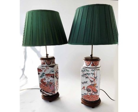 TABLE LAMPS, a pair, Chinese ceramic, of facetted vase form and Imari colouring, with shades, 78cm H. (2)