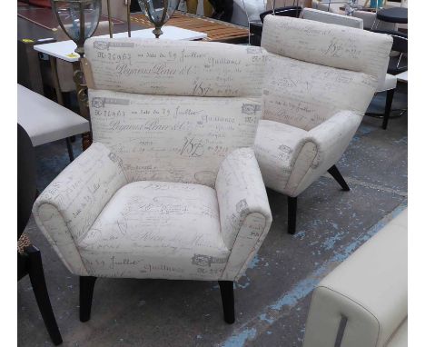 ARMCHAIRS, a pair, in a vintage typography print fabric, 100cm H. (2) (slight faults)