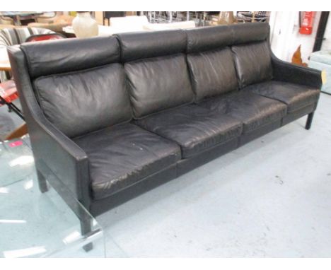 SOFA, four seater, black leather on square supports, 252cm L.