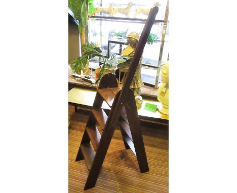 FOLDING LIBRARY STEPS, 'A' frame mahogany with a handrail, 67cm x 150cm H x 40cm. (with faults)