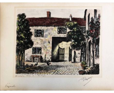 MAURICE JACQUES (19th/20th century) French 'Barbizon, Cour de Laberge', hand coloured etching, signed and titled by hand, fra