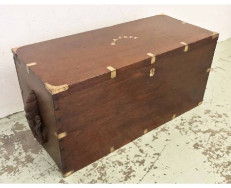 TRUNK, late 19th century campaign teak and brass with lettering for M.A. Pope and original twised rexine handles, 96cm W x 46