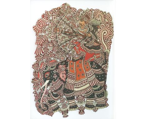 SOUTH INDIAN PUPPET ART LEATHER PANEL, portraying Arjuna, a warrior Prince from Mahabharata dressed in traditional robes &amp