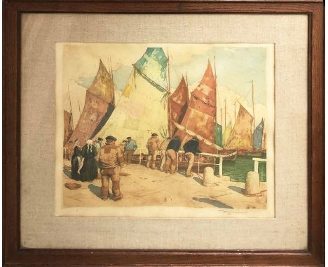 'TAYIK' FRANTISEK SIMON (1877-1942) 'Quayside with Figures', coloured etching 39cm x 25cm, signed in pencil, framed.