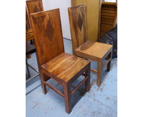 DINING CHAIRS, a set of six, contemporary design, wood construction with copper panel detail, 107cm H. (6)