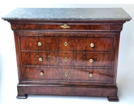 COMMODE, 19th century French, Louis Philippe, burr walnut and gilt metal mounted, with five long drawers and St. Anne's varie