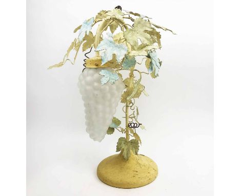 TABLE LAMP, Italian mid century, tole en peinture, with frosted grape bunch shade, with Florence makers plaque, 51cm H (with 