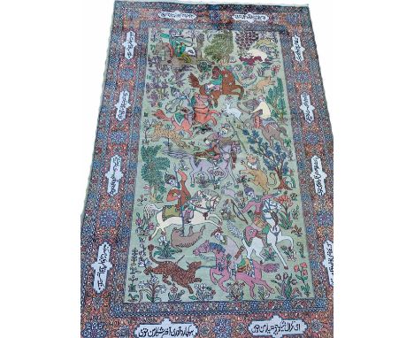 FINE PURE SILK HUNTING DESIGN CARPET, 305cm x 190cm.