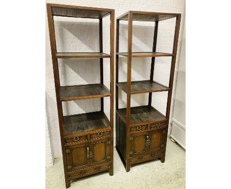 KOREAN ETAGERES, a pair, vintage elm, each having three open shelves above two drawers and a cabinet below, 153cm H x 46cm W 