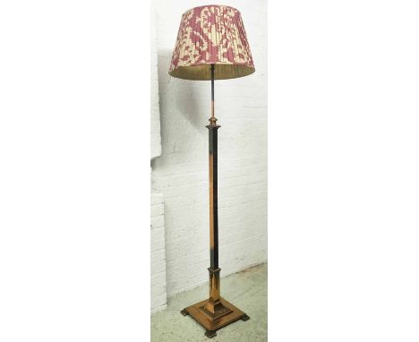 STANDARD LAMP, Victorian copper, with adjustable telescopic stem, with a large pleated Ikat shade, converted from oil, approx