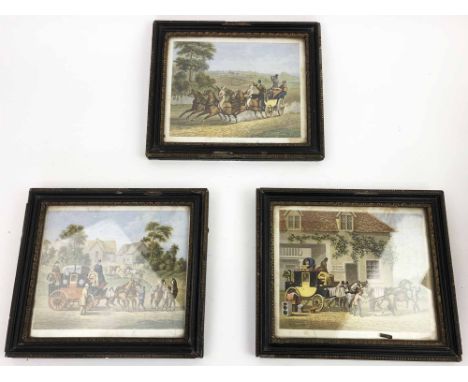 19th CENTURY SCHOOL 'Coaching Scenes - Putting to, Full Swing &amp; Changing Horses', coloured lithograph mezzotints, 19cm x 