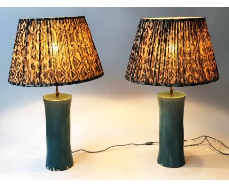 TABLE LAMPS, a pair studio ceramic, in blue slipwear with waisted form, with shades, 83cm H. (2)