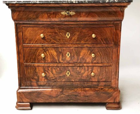 HALL COMMODE, 19th century French Louis Philippe figured walnut and gilt metal mounted of shallow proportions with four long 