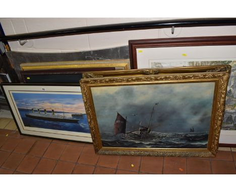 SEVEN DECORATIVE PRINTS AND MIRRORS, comprising a Simon Fisher print of the Titanic at Cherbourg, signed by the artist and Ti