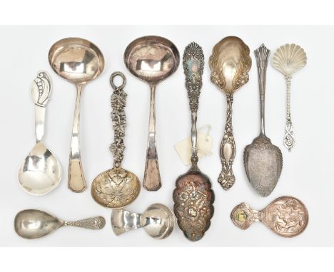 A SELECTION OF WHITE METAL 800, EP/PLATED SPOONS, to include a floral pattern spoon stamped 'Sterling', a spoon with shell bo