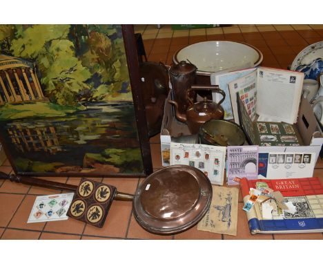 A GROUP OF METAL AND VINTAGE ITEMS to include a Minton tile decorated with birds, two stoneware ink wells, a group of copper 