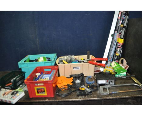 THREE TRAYS CONTAINING TOOLS including two soldering irons, gloves, mallets, saws, a Dremel attachment, safety glasses and ea