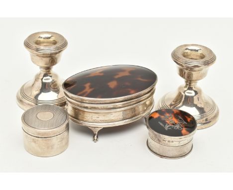 A SELECTION OF SILVER ITEMS, to include a pair of silver dwarf candle sticks on round weighted bases, makers mark 'W I Broadw