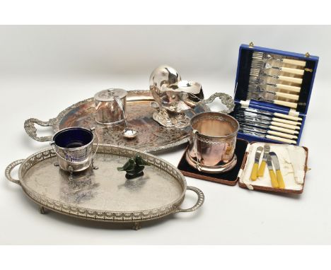 A BOX OF WHITE METAL ITEMS, to include a large oval Sheffield plate double handled tray, a silver plate on copper oval tray, 