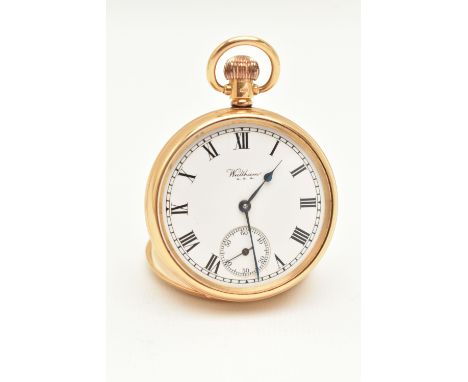AN 18CT GOLD OPEN FACE POCKET WATCH, manual wind, round white dial signed 'Waltham U.S.A', Roman numerals, subsidiary dial at