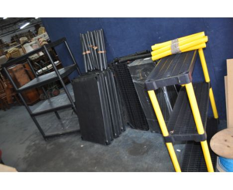 A COLLECTION OF PLASTIC WORKSHOP SHELVING, including one type with ten 88cm x 58cm shelves, 8 sets of four supports, another 