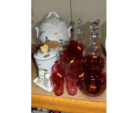 COLLECTION OF CERAMICS AND GLASS, to include cranberry glass bowls and drinking glasses, (one wine glass  damaged), two cut g