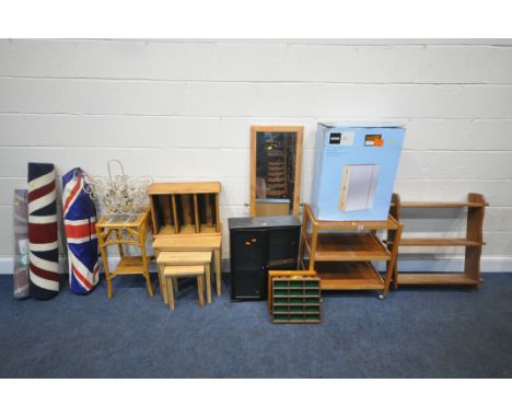 A LARGE SELECTION OF OCCASIONAL FURNITURE, to include a three tier trolley, a three tier shelf, a boxed cabinet, a double doo