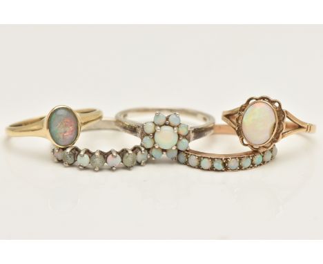 THREE 9CT GOLD OPAL SET RINGS AND TWO WHITE METAL RINGS, to include an oval white opal cabochon ring, hallmarked 9ct Sheffiel