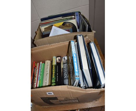 TWO BOXES AND LOOSE BOOKS, RECORDS, AND PICTURES to include a box of approximately eighteen mostly hardback reference books t