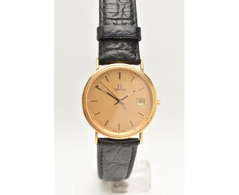 AN 18CT GOLD GENTS 'OMEGA' WRISTWATCH, quartz movement, round gilt dial signed 'Omega', baton markers, date aperture at the t